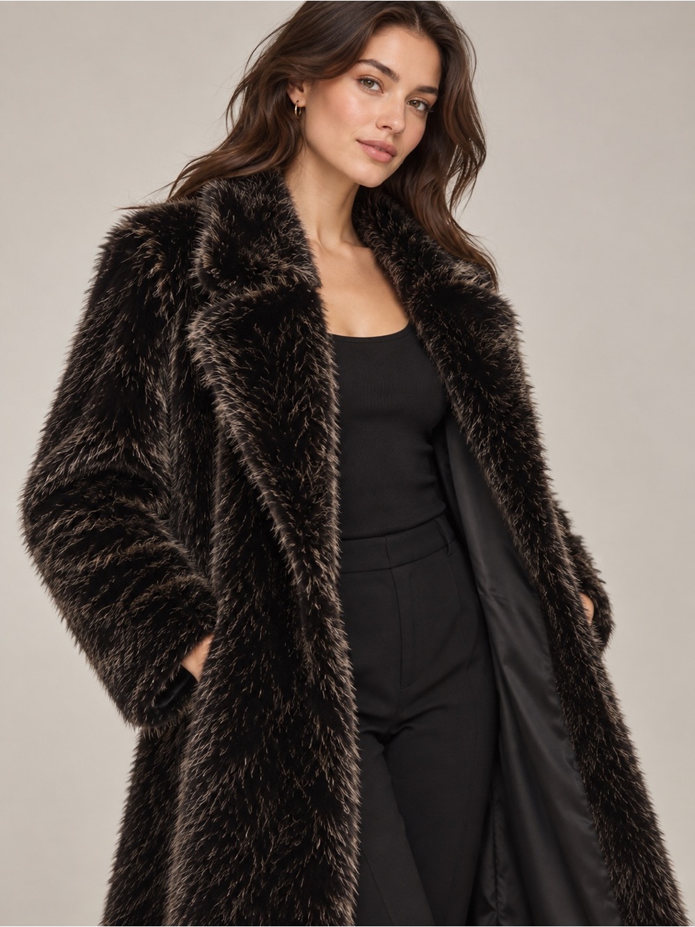 Donna Karan Dark Brown Faux Fur Long Coat